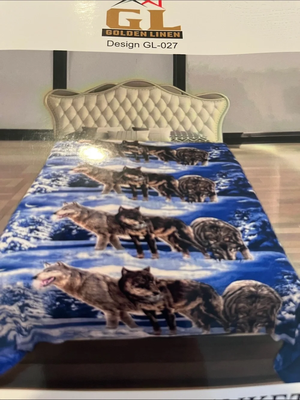 Blue Flannel with a wolf pattern. Blanket - Soft Queen Bedding